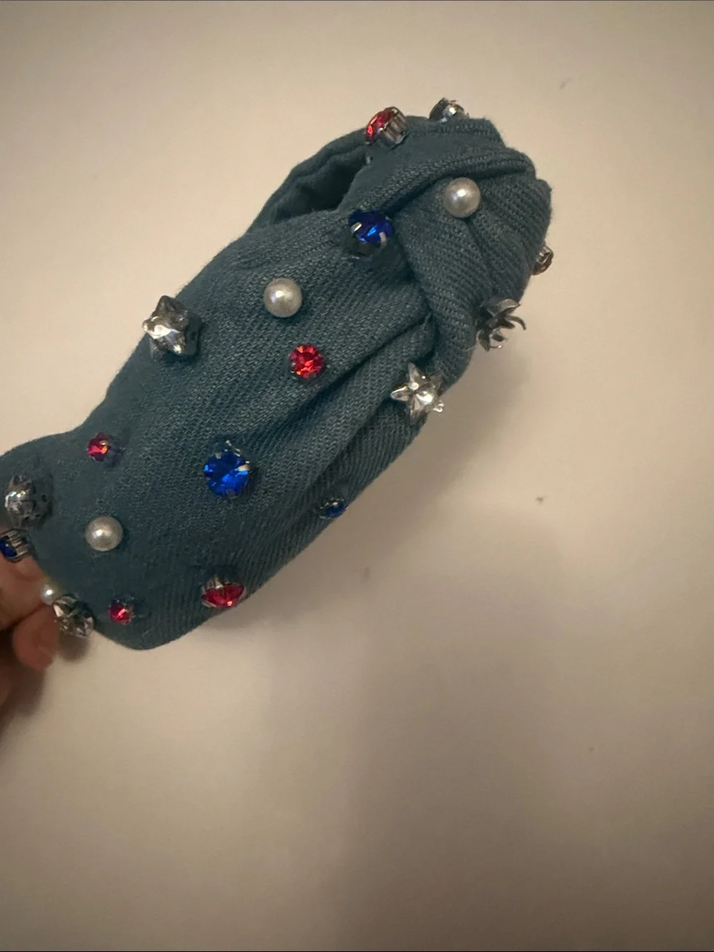 Packed Party Teal Knotted Headband with Red, Blue, Pearl & Silver Accents